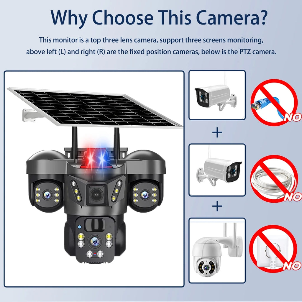 Caméra de Surveillance Extérieure 4G Triple Objectif PTZ | Vision Nocturne Couleur, Détection PIR, Audio Bidirectionnel, Rotation 360° | Sécurité Maison Intelligente Sans Fil