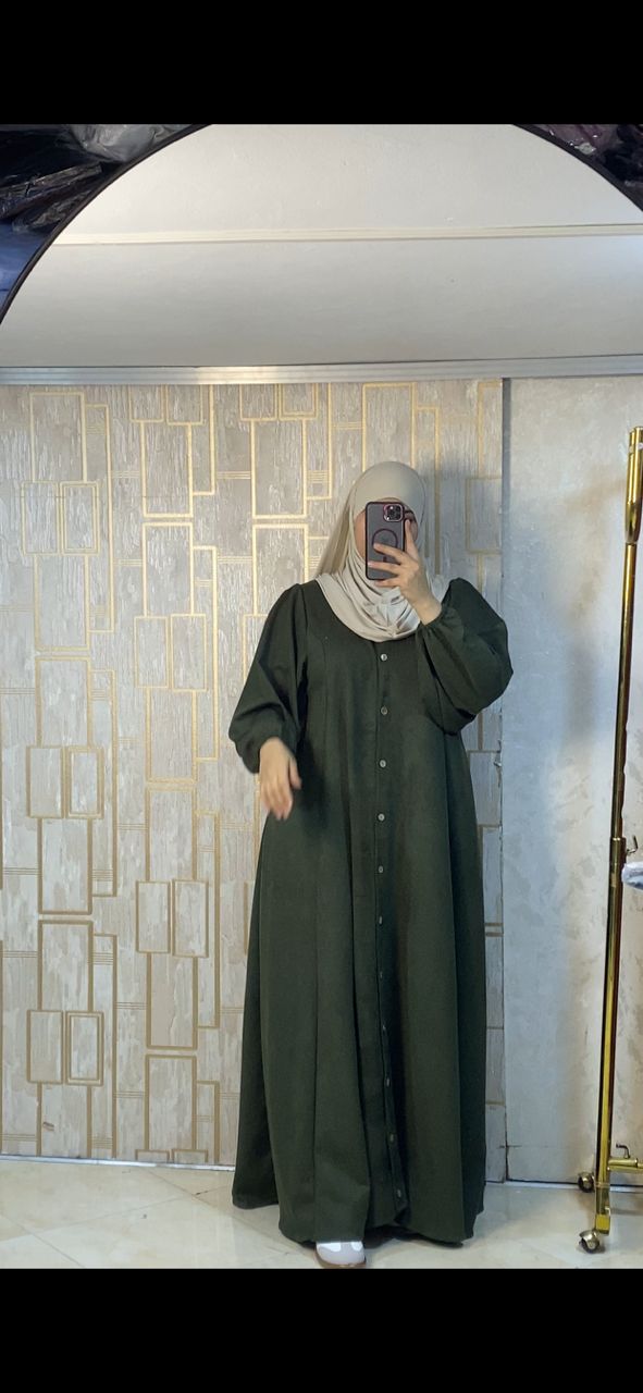 Abaya longue à manches amples et détails boutonnés — Vert foncé