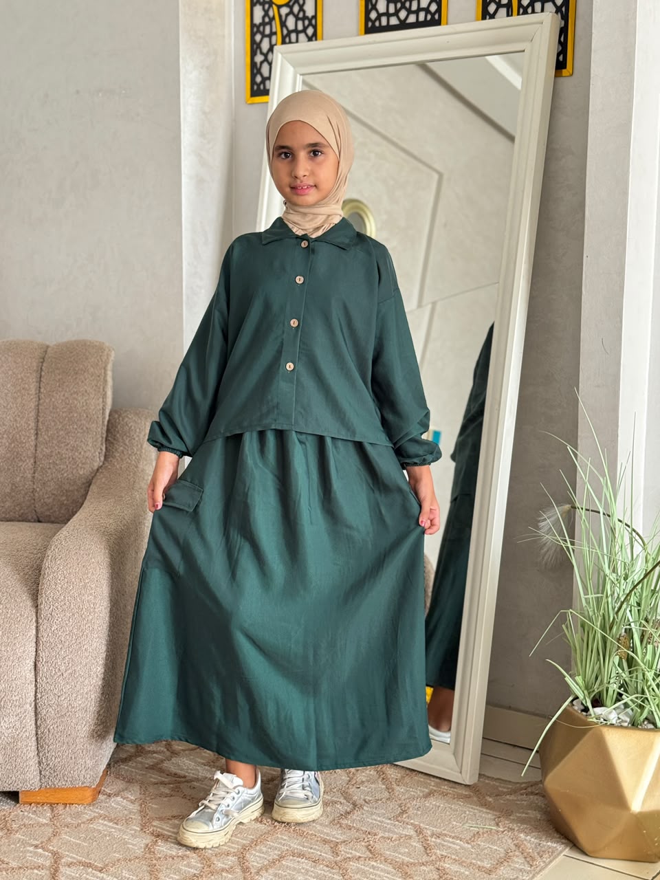 Ensemble fille à chemise ample et jupe longue à poches — Vert pétrole