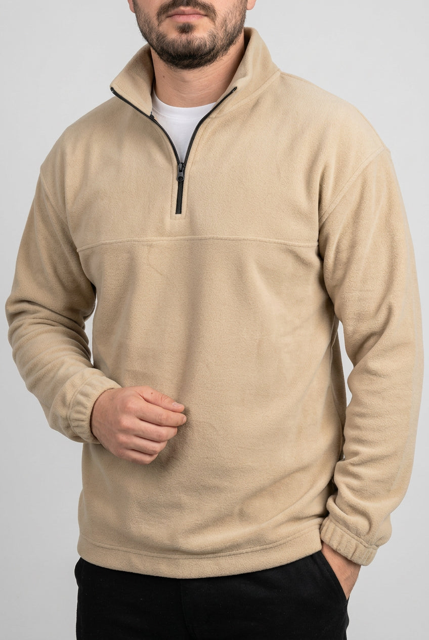 Pull polaire homme à col montant demi-zippé – Beige