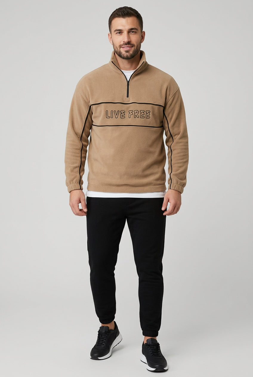 Pull polaire homme à liserés et inscription – Beige
