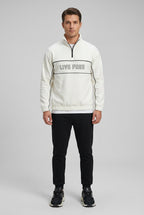 Pull polaire homme à liserés et inscription – Blanc