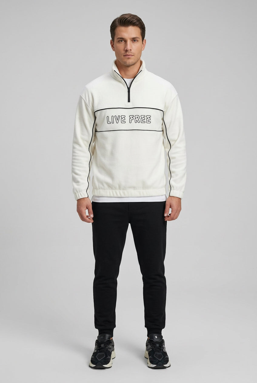 Pull polaire homme à liserés et inscription – Blanc
