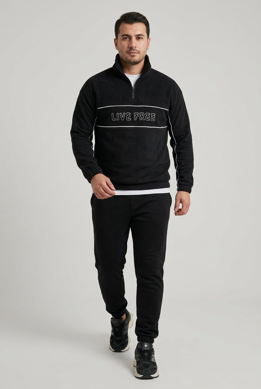 Pull polaire homme à liserés et inscription – Noir