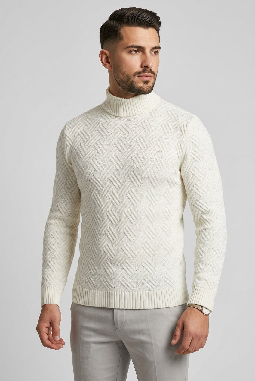 Pull homme en maille jacquard à motifs géométriques – Blanc