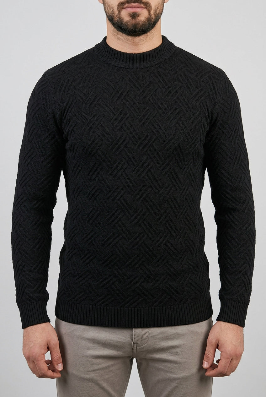 Pull homme en maille jacquard à motifs géométriques – Noir