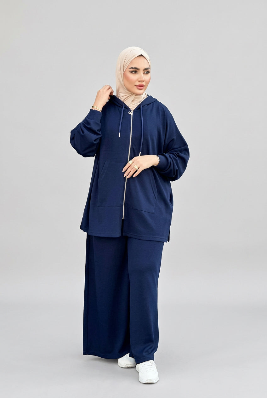Ensemble femme à veste longue zippée et pantalon large – Bleu marine