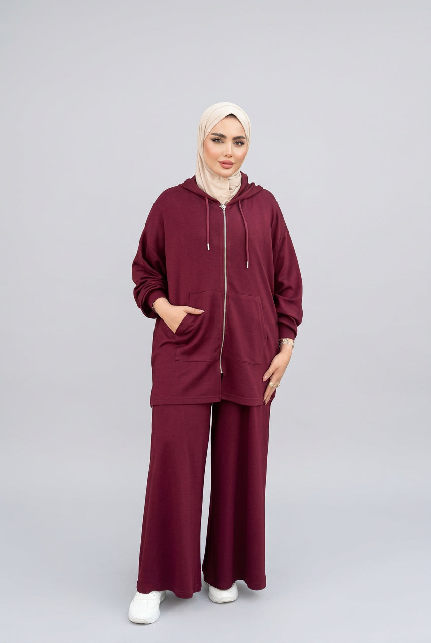 Ensemble femme à veste longue zippée et pantalon large – Bordeaux