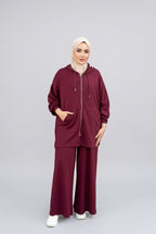 Ensemble femme à veste longue zippée et pantalon large – Bordeaux