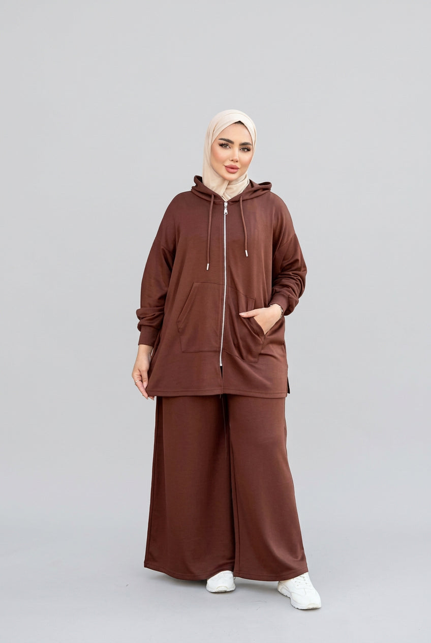 Ensemble femme à veste longue zippée et pantalon large – Marron