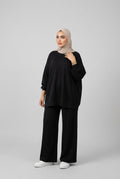 Ensemble femme à veste longue zippée et pantalon large – Noir