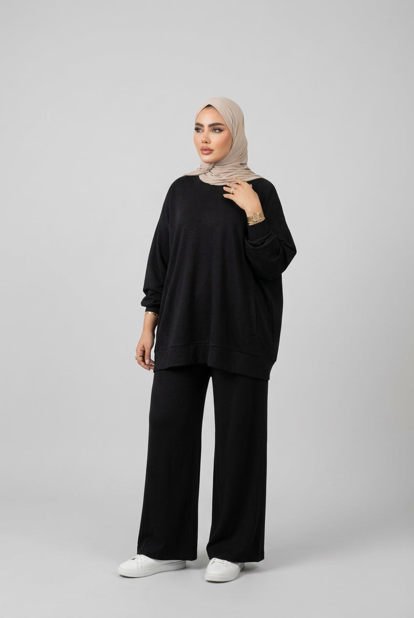 Ensemble femme à veste longue zippée et pantalon large – Noir
