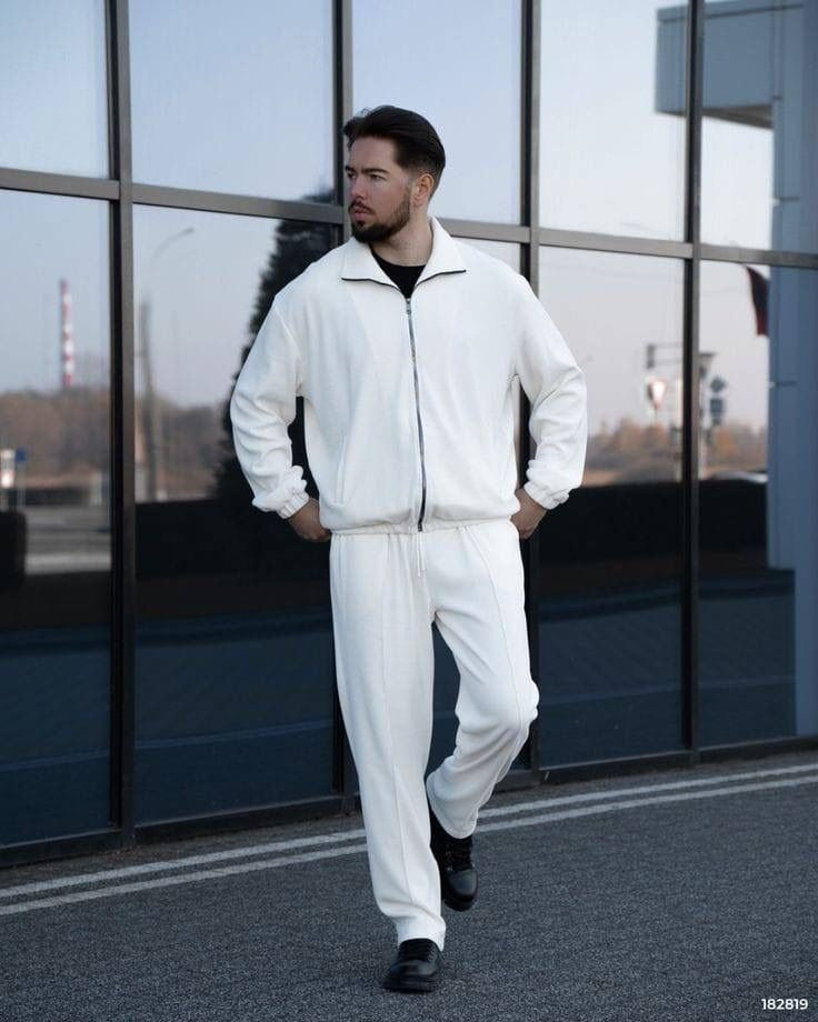 Ensemble homme à veste zippée et pantalon droit – Blanc