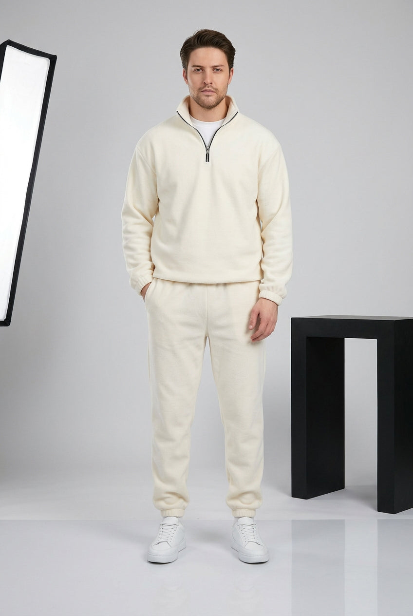 Ensemble homme polaire à col demi-zippé – Blanc cassé