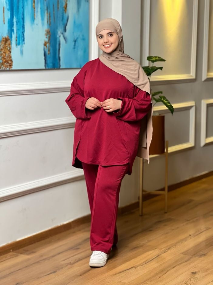 Ensemble femme à tunique asymétrique et pantalon ample – Bordeaux