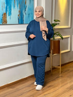 Ensemble femme à tunique asymétrique et pantalon ample – Indigo