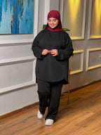 Ensemble femme à tunique asymétrique et pantalon ample – Noir