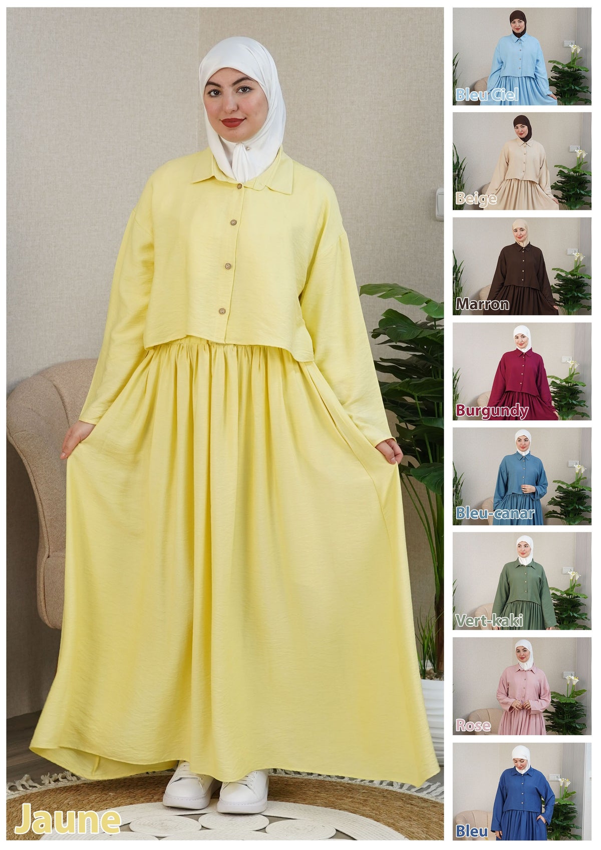 Ensemble femme à chemisier à taille froncée et pantalon large – Bleu canard, Jaune, Bleu ciel, Rose clair, Bleu, Kaki, Marron, Beige, Bordeaux