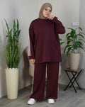 Ensemble femme à sweat long à bandes contrastées et pantalon large – Bordeaux