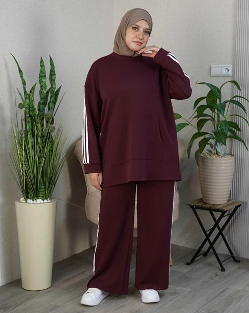 Ensemble femme à sweat long à bandes contrastées et pantalon large – Bordeaux