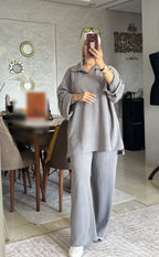 Ensemble femme en jacquard à col polo et pantalon ample – Gris clair