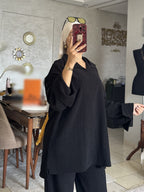 Ensemble femme en jacquard à col polo et pantalon ample – Noir