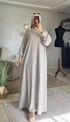 Robe longue en jacquard à col rond et manches amples – Gris clair