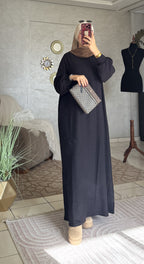 Robe longue en jacquard à col rond et manches amples – Noir