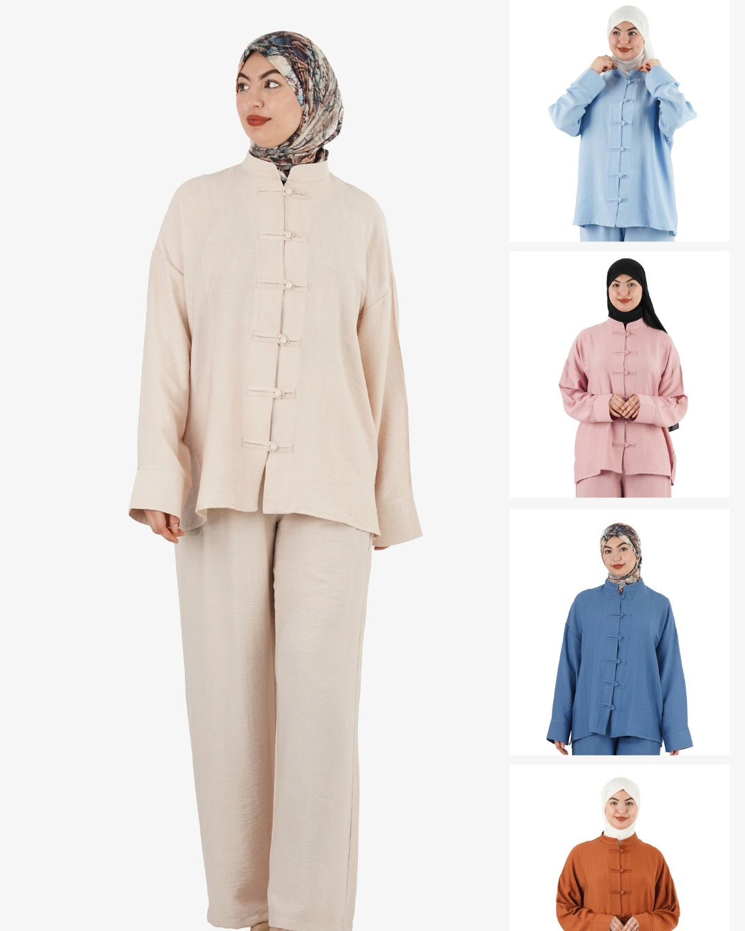 Ensemble femme en lin à chemise ample et pantalon droit – Rose clair, Bleu ciel, Bleu jean, Rouge brique, Crème