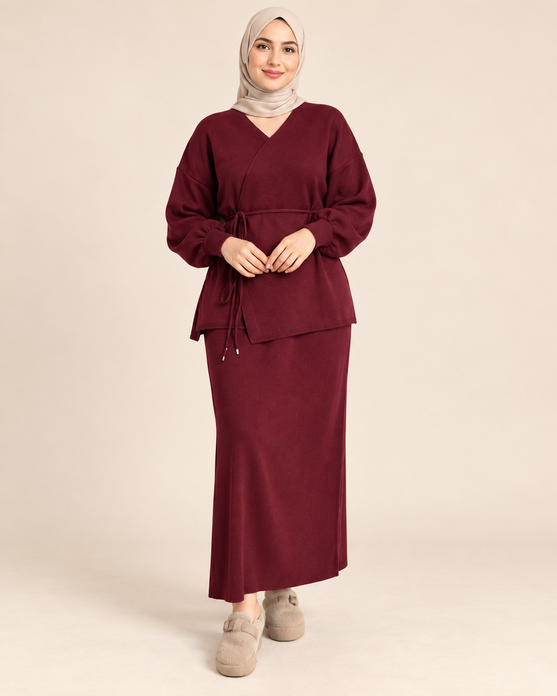 Ensemble Az16 Femme – Kimono & Jupe Longue en Maille Douce — photo studio
