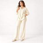 Ensemble maille côtelée à col polo et pantalon large — Blanc cassé — photo studio