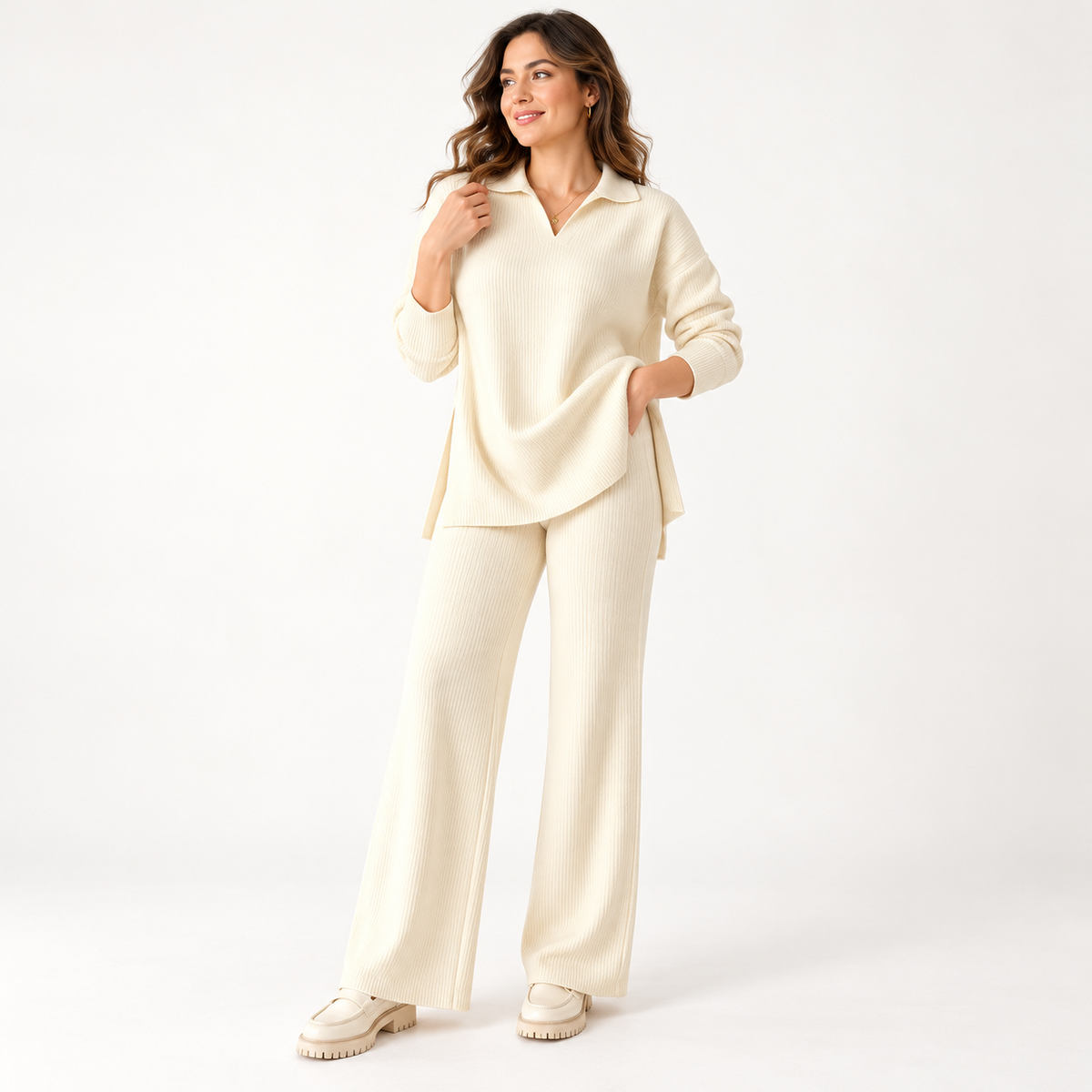 Ensemble maille côtelée à col polo et pantalon large — Blanc cassé — photo studio