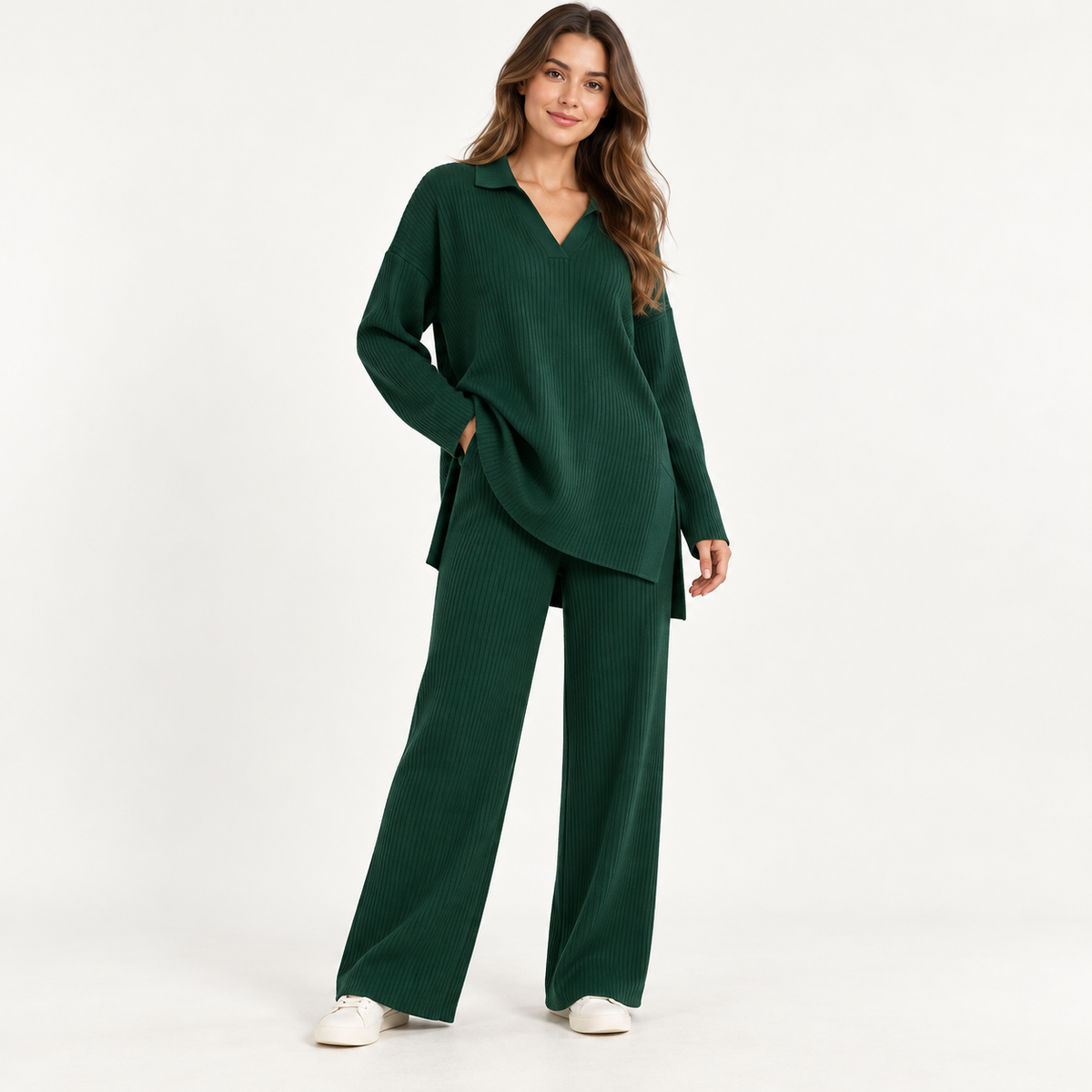 Ensemble maille côtelée à col polo et pantalon large — Vert bouteille — photo studio