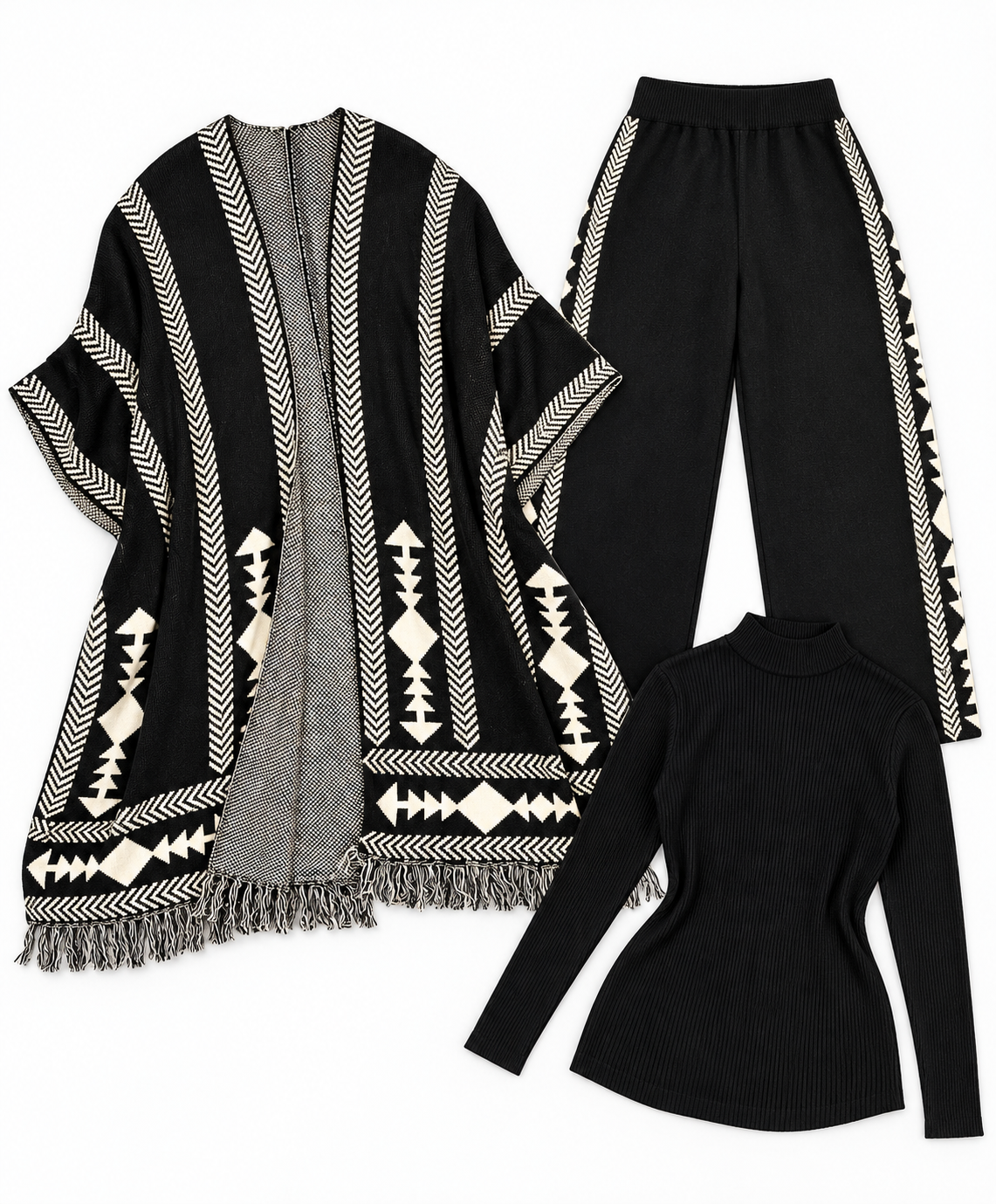 Ensemble maille trois pièces avec cape à motifs géométriques — Noir — photo studio