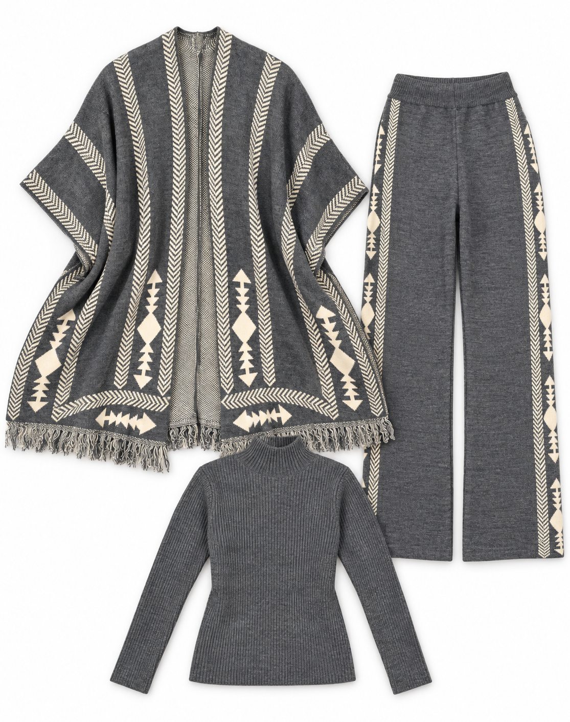 Ensemble maille trois pièces avec cape à motifs géométriques — Gris foncé — photo studio