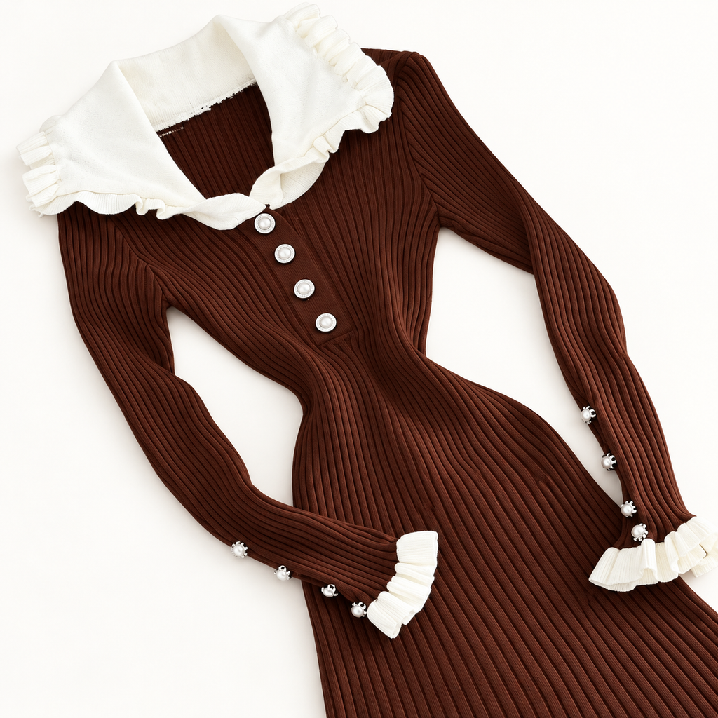 Robe côtelée à col blanc et poignets volantés — Marron — photo studio