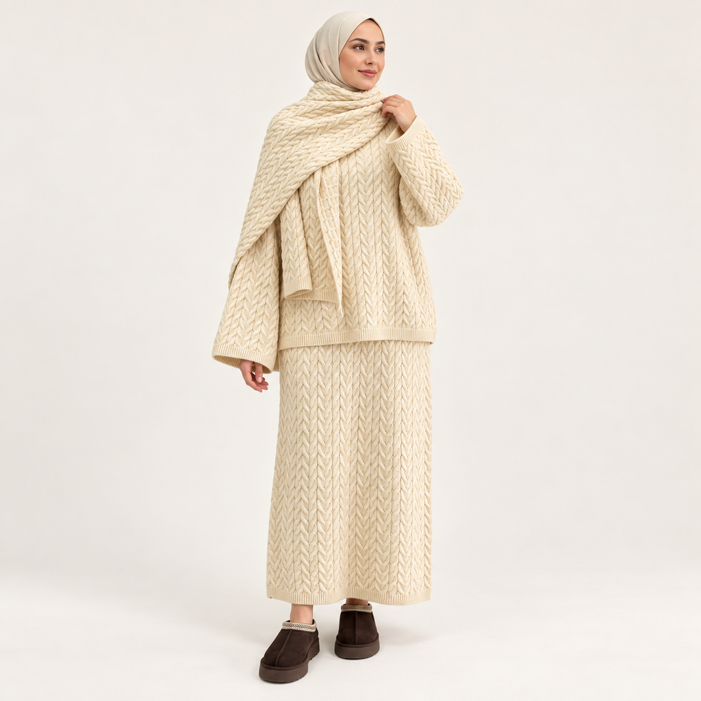 Ensemble maille torsadée avec jupe longue et écharpe — Beige turc — photo studio