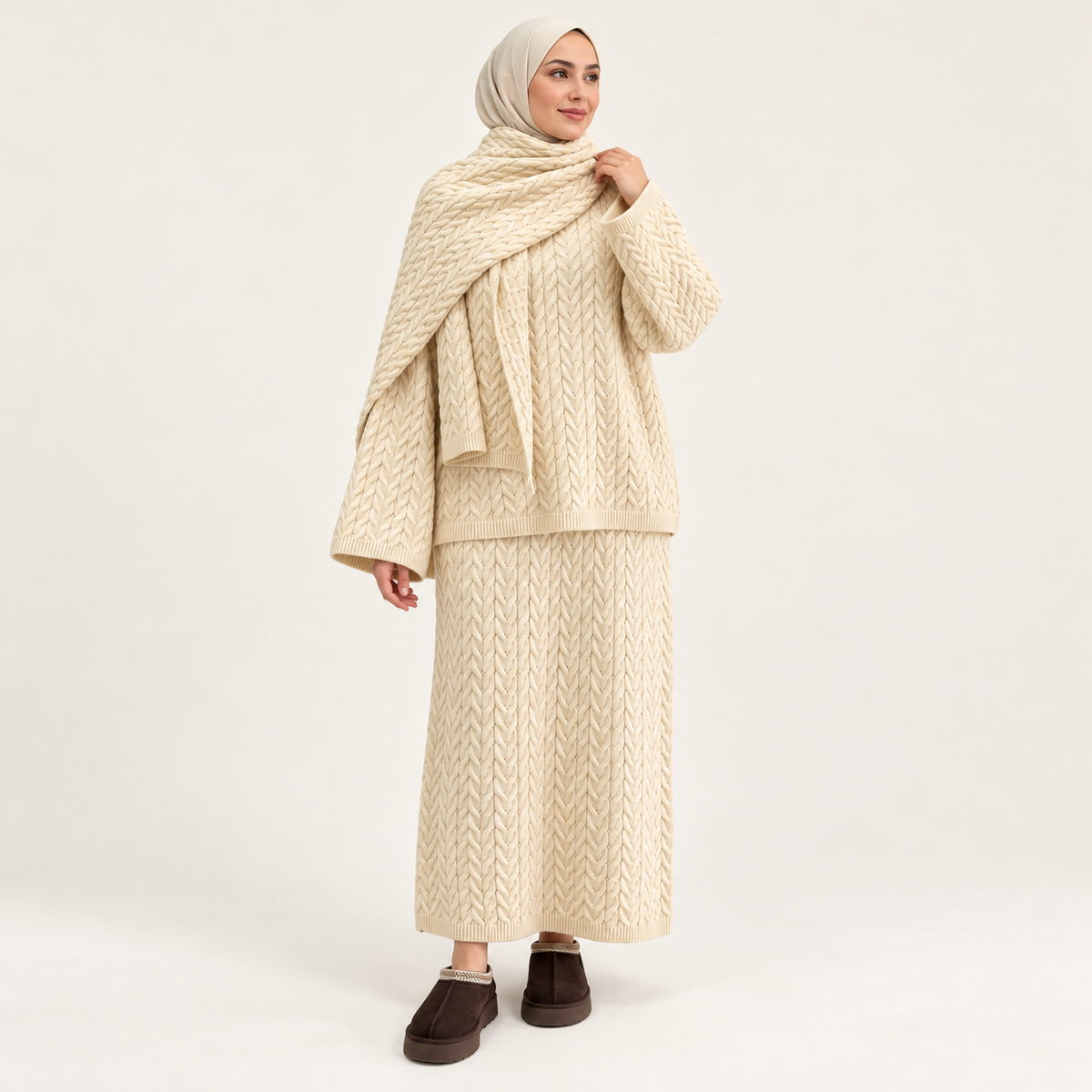 Ensemble maille torsadée avec jupe longue et écharpe — Beige turc — photo studio