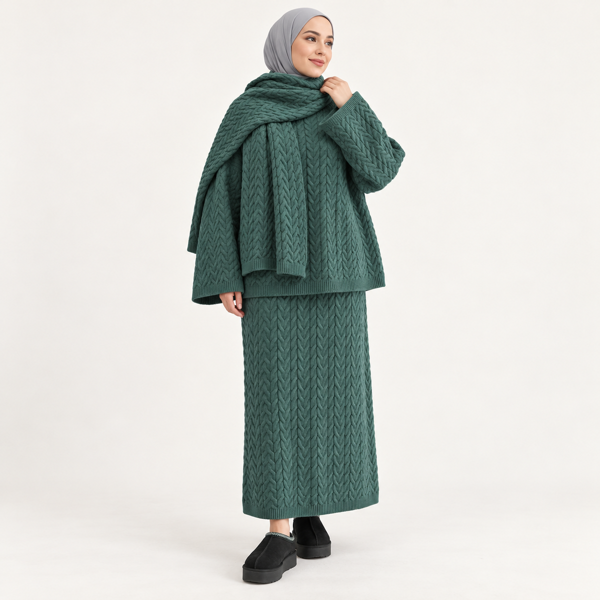 Ensemble maille torsadée avec jupe longue et écharpe — Vert jade — photo studio