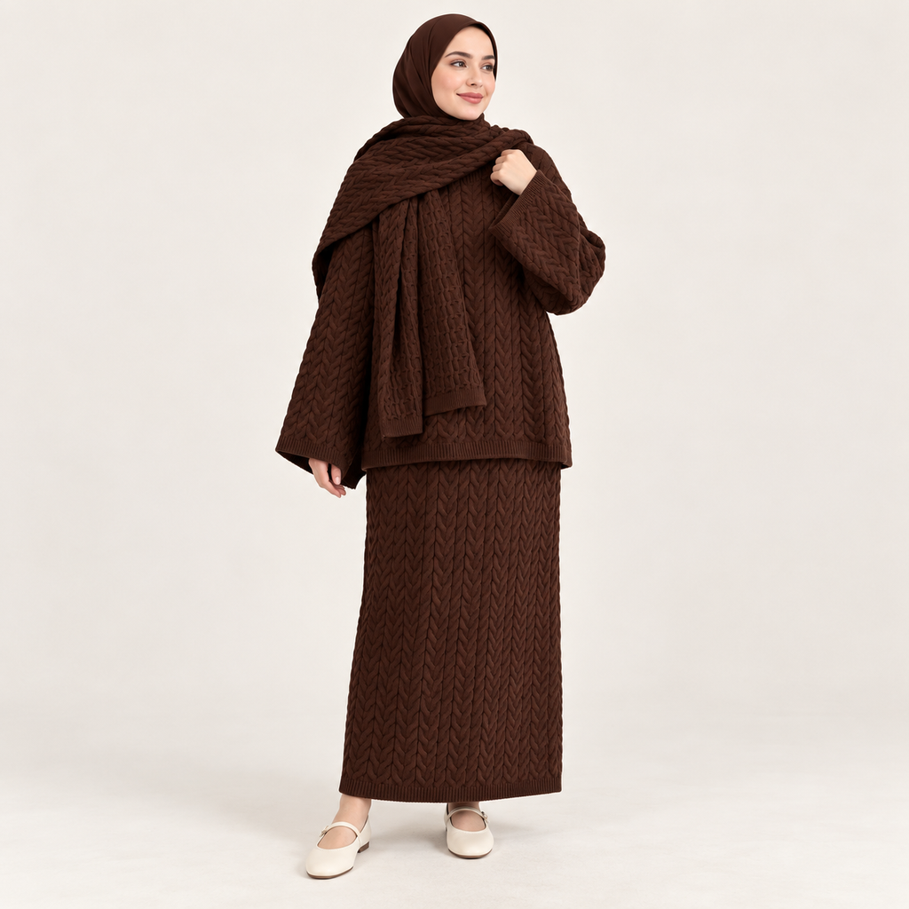 Ensemble maille torsadée avec jupe longue et écharpe — Marron — photo studio