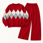 Ensemble jacquard à frise de losanges et pantalon large — Rouge — photo studio