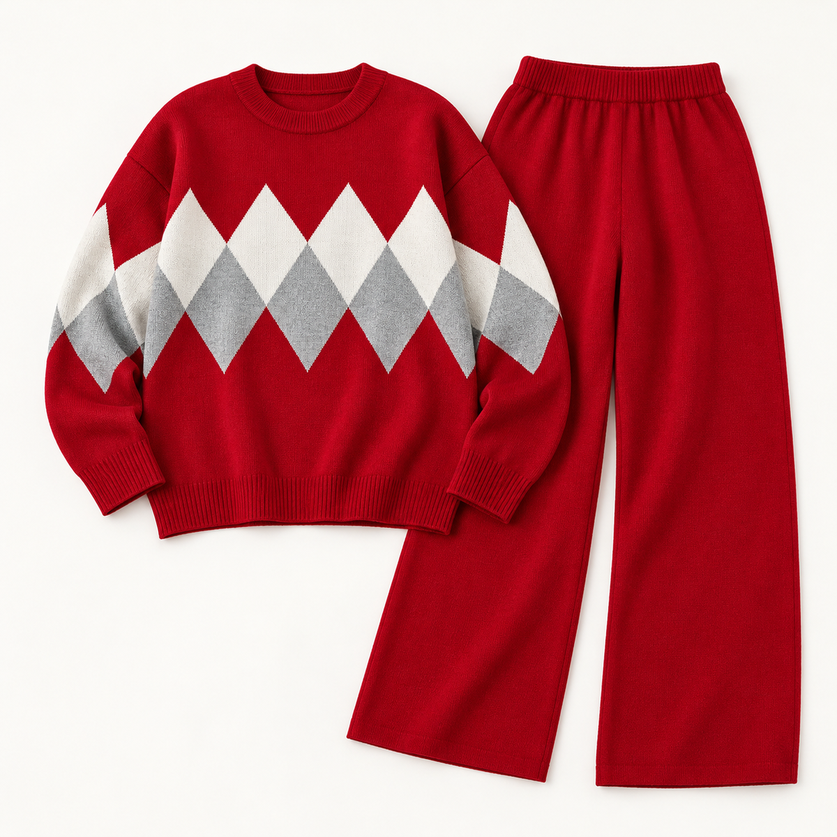 Ensemble jacquard à frise de losanges et pantalon large — Rouge — photo studio