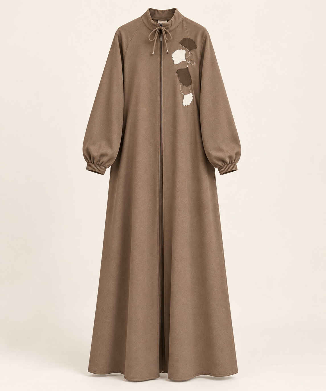 Robe longue zippée à motifs feuilles et col à nouer — Taupe — photo studio