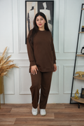 Ensemble sweat long à col rond et pantalon ample – Marron