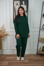 Ensemble sweat long à col rond et pantalon ample – Vert bouteille