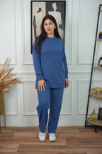 Ensemble sweat long à col rond et pantalon ample – Bleu jeans