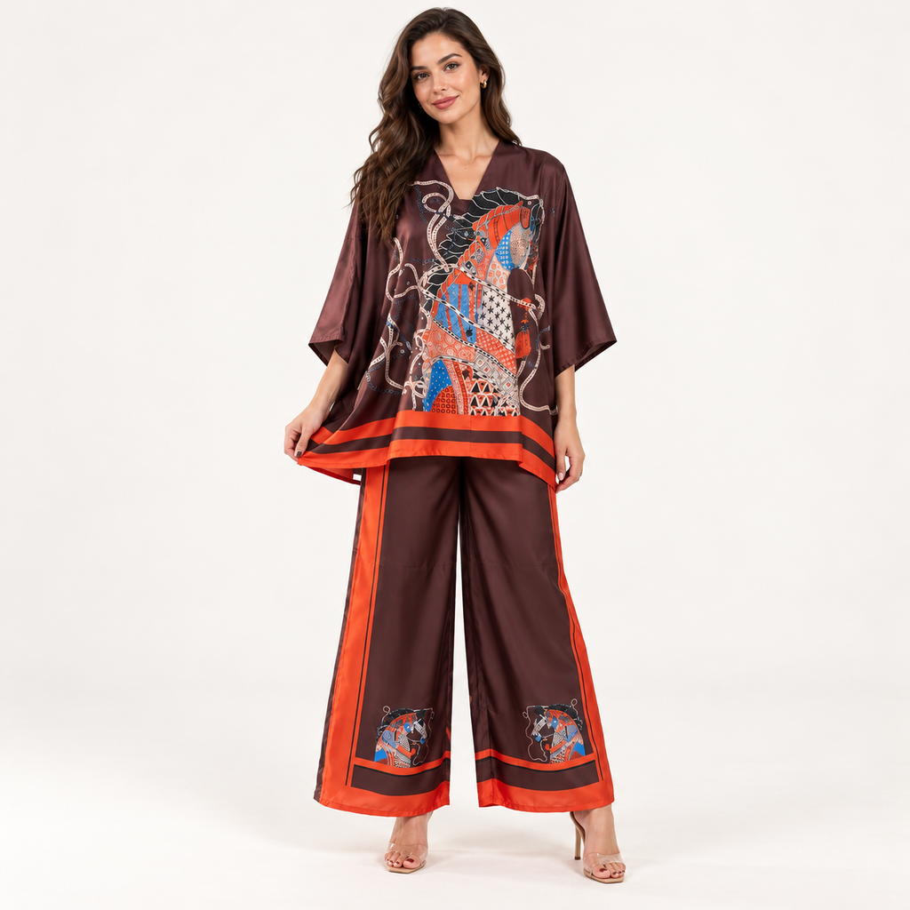 Ensemble satiné à imprimé cheval et pantalon large — Marron — photo studio