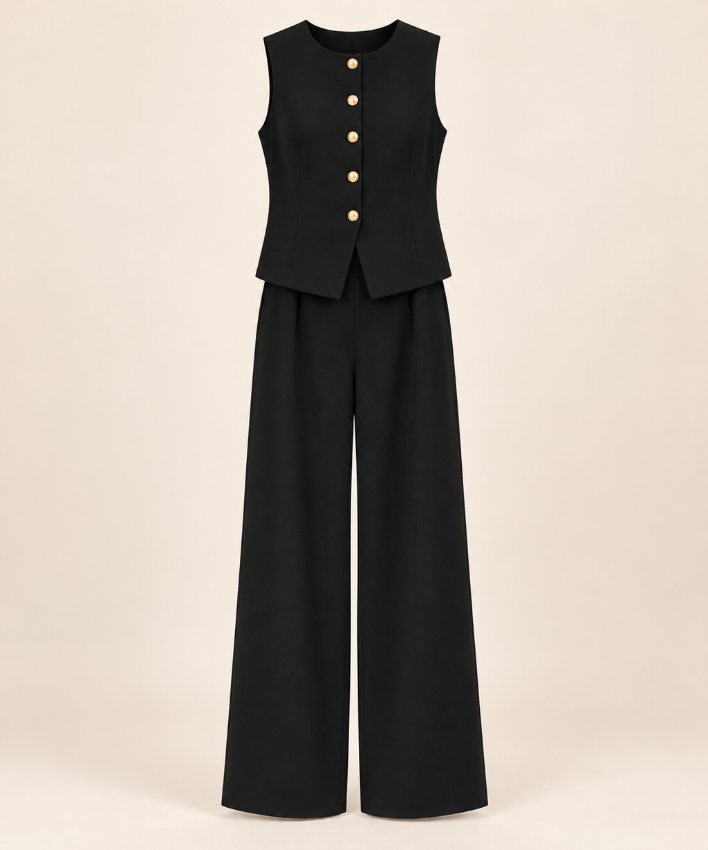 Ensemble gilet sans manches à boutons dorés et pantalon large — Noir — photo studio
