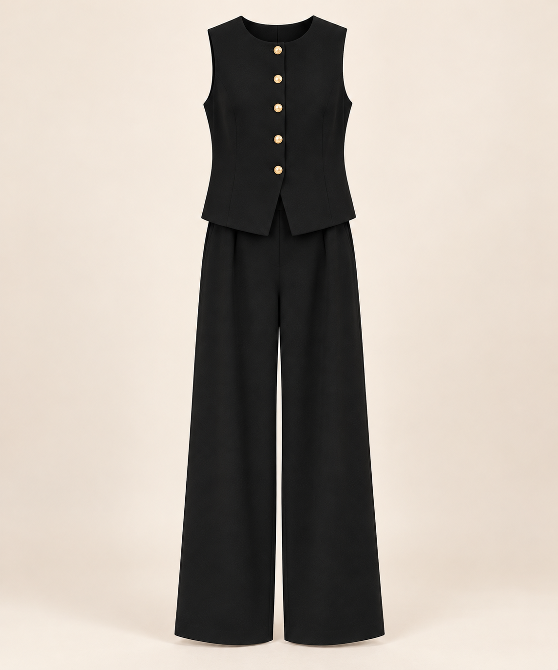 Ensemble gilet sans manches à boutons dorés et pantalon large — Noir — photo studio