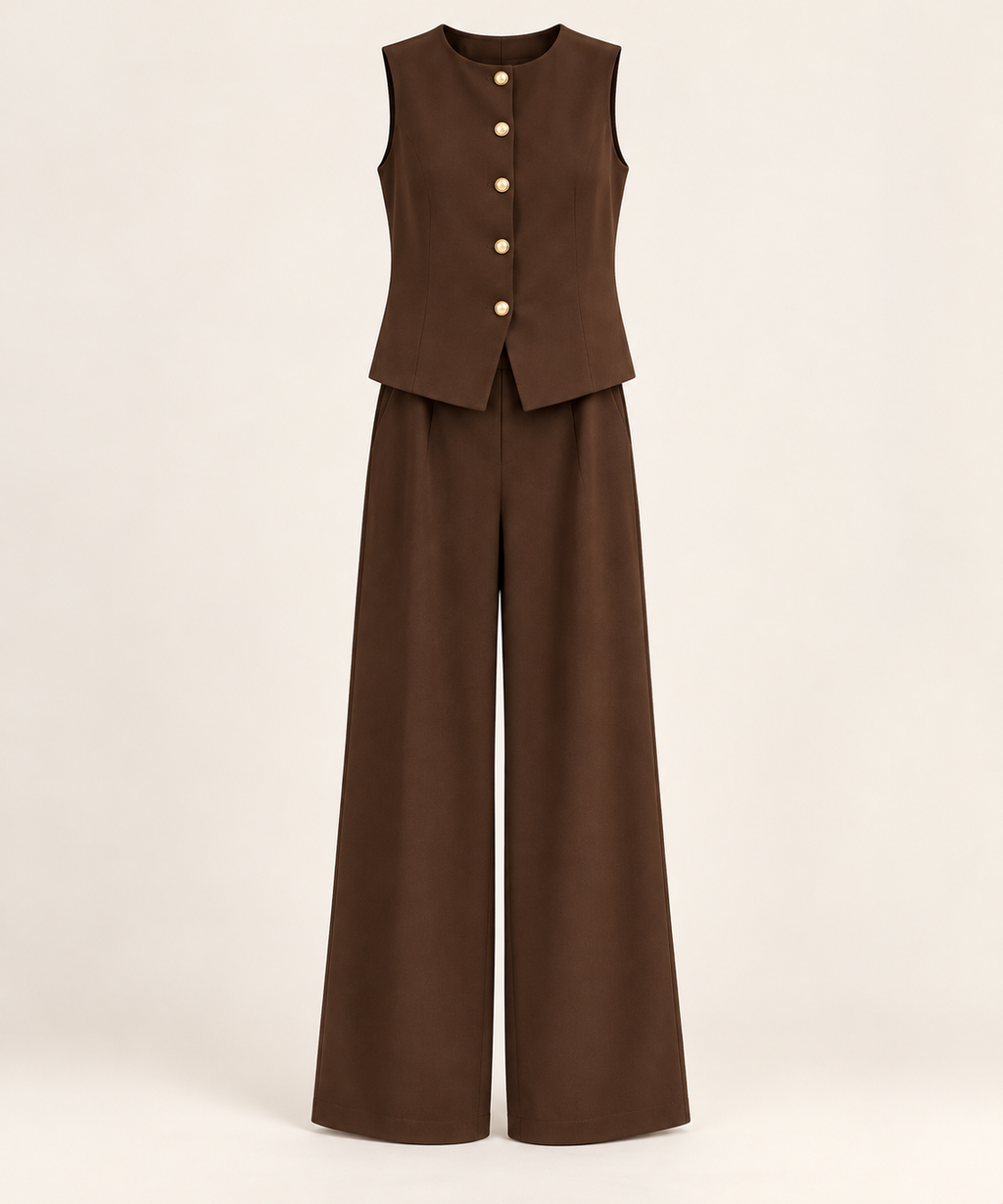 Ensemble gilet sans manches à boutons dorés et pantalon large — Marron — photo studio